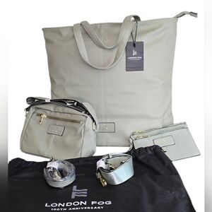 London Fog 4-Piece Tote Set Sage Green Bag + Pouch Crossbody Strap NWT